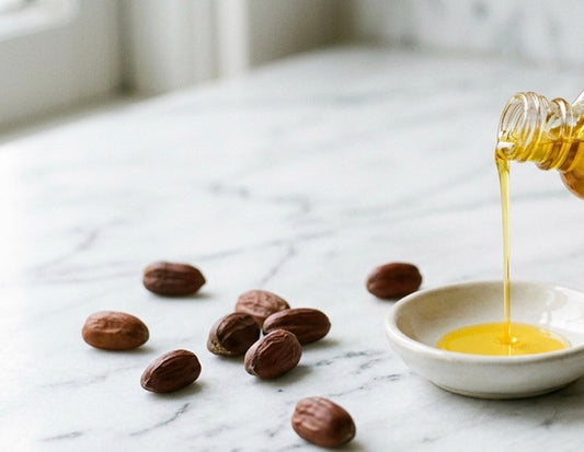 Golden jojoba oil poured from a small glass bottle next to jojoba seeds on a clean white surface, illustrating the liquid wax ester extracted from Simmondsia chinensis