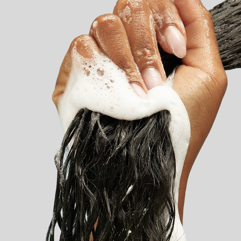 Thick lather worked through wet hair