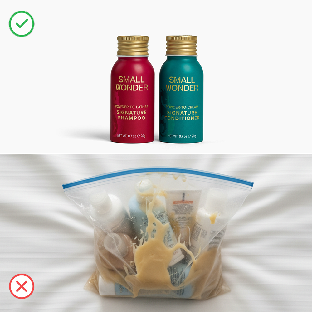 Travel-ready powder that skips liquid spills